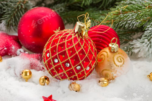 Preview: Red And Gold Christmas Ball In Snow Under Fir Tree