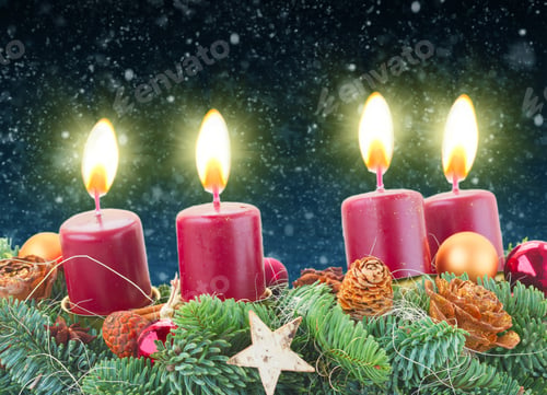 Preview: Evergreen Fir Tree Advent Garland With Burning Candles On White Background With Snow