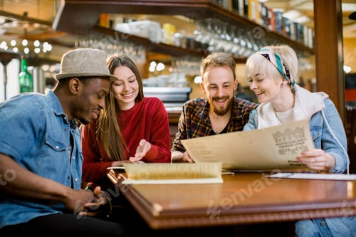 Preview: Leisure, People, Food, Cafe And Holidays Concept - Group Of Young Multiethnical Friends Communicate