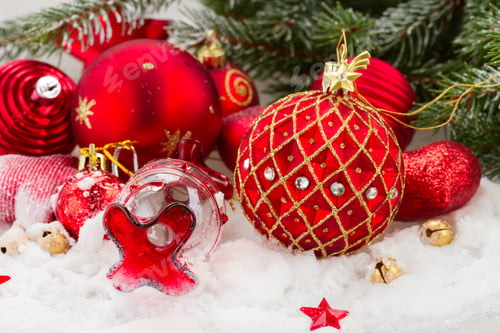 Preview: Red And Gold Christmas Decorations In Snowfall Under Fir Tree