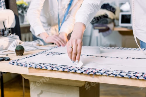 Preview: Close-Up Photo Of Women'S Hands Of Dressmaker Working With Sewing Patterns. Tailor At Work, Drawing