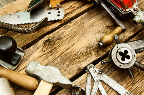 Preview: Old Working Tools. Vintage Working Tools (Drill, Saw, Ruler And Others) On Wooden Background.