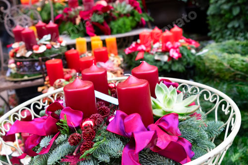 Preview: Decorated Red Advent Candles, Christmas Market Shop In Vienna