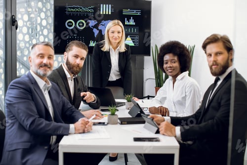 Preview: Happy Smiling Successful Diverse Multiracial Business Coworkers, Posing On Camera During Meeting In