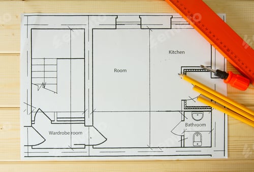 Preview: Planning Of Repair Of Apartment. Repair Work. Drawings For Building, Helmet, Pencils On Wooden
