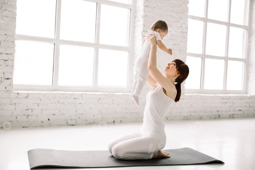 Preview: Sport, Motherhood And Active Lifestyle Concept - Side View Of Young Mother Workout Together With