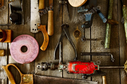 Preview: The Old Working Tool. Many Old Working Tools ( Plane, Saw, Pliers And Others) On A Wooden