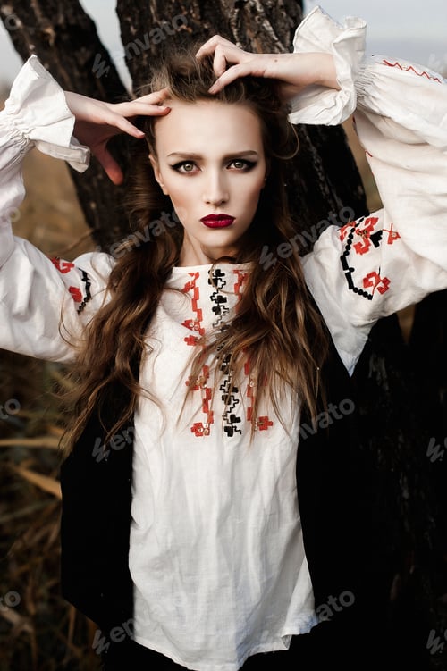 Preview: Young Girl On The Summer Field In National Belarus Clothes, Fashion.Noisy Image. Grain Texture Is