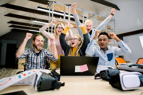 Preview: Business Winners, Great Success. Group Of Happy Multiethnic Business People In Casual Wear Sitting