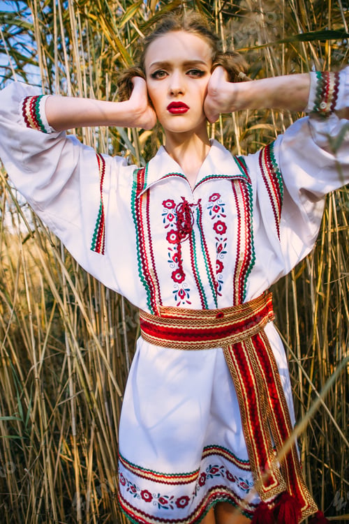 Preview: Young Girl On The Summer Field In National Belarus Clothes, Fashion.Noisy Image. Grain Texture Is