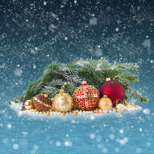Preview: Red And Golden Christmas Decorations With Evergreen Tree On Blue Snow Bokeh Background