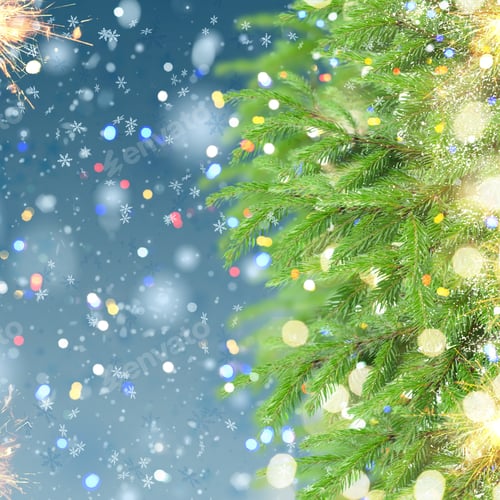 Preview: Christmas Background With Fir Tree, Lights Bokeh And Falling Snow