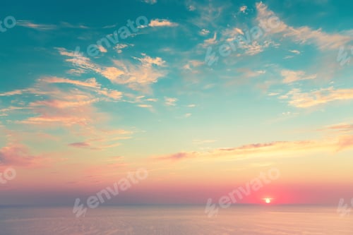 Preview: Sea View At Sunset. Summer Travel Background. Vintage Filter. Beautiful Blue Sky With Clouds And