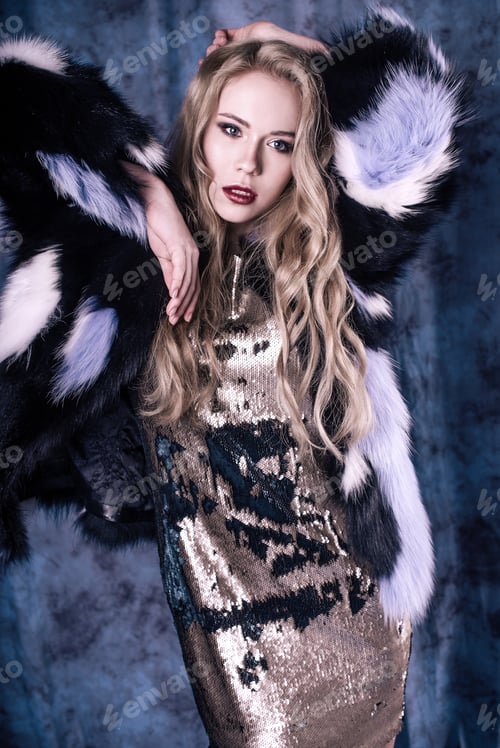 Preview: Attractive Young Woman Posing In Sequin Dress. Studio Image
