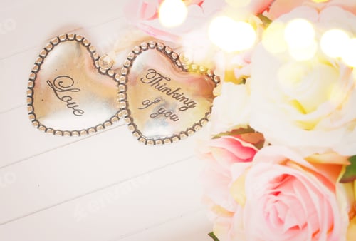 Preview: Pair Of Hearts With Pink Roses On White Background, Retro Toned