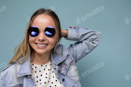 Preview: Closeup Portrait Photo Shot Of Beautiful Positive Young Blonde Woman Wearing Summer Casual Clothes