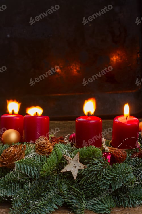 Preview: Evergreen Fir Tree Advent Garland With Burning Candles On Wooden Background, Copy Space On Black