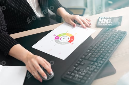 Preview: Women'S Hands On The Desktop Background. A Young Girl Working In The Office At The Computer Desk.
