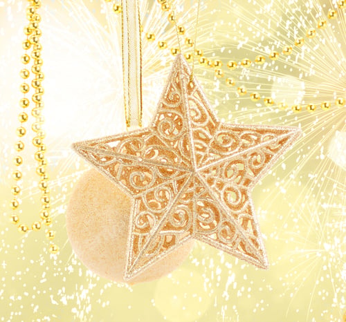 Preview: Hanging Golden Christmas Balls Row On Golden Bokeh Background With Copy Space