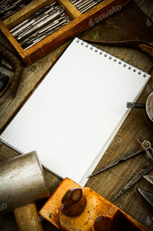 Preview: Old Working Tools. Paper With Pencil And The Vintage Working Tools (Drills, Mallet, Axe And Others)