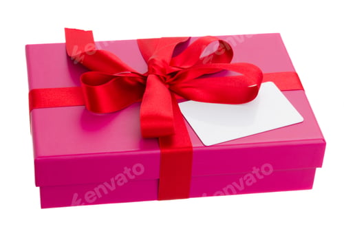 Preview: Pink Gift Box With Blank Greeting Card Isolated Om White Background