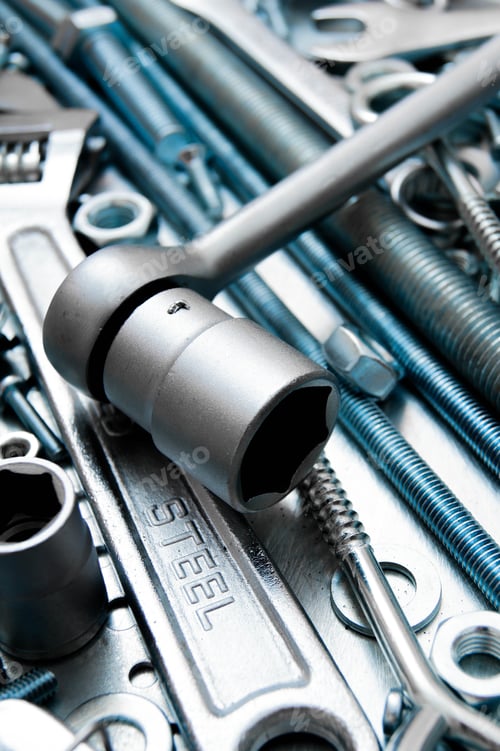 Preview: Metal Tools. Metal Style. Wrench And Metal Tools On The Scratched Metal Background.