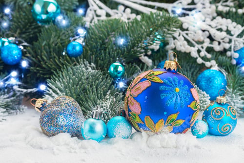 Preview: Blue Christmas Balls With Fir Tree In Snow Close Up