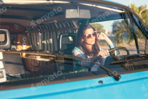 Preview: Summer Holidays, Road Trip, Travel And People Concept, Young Woman Resting In Minivan Car
