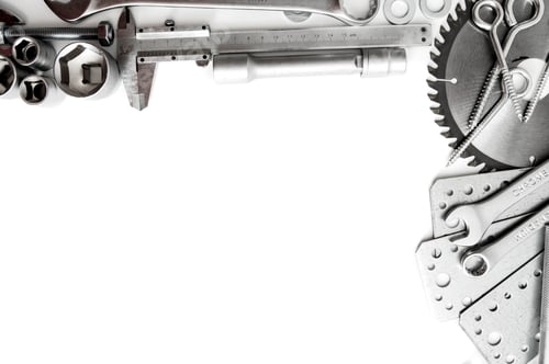 Preview: Metal Working Tools. Metalwork. Ruler, Wrench, Screw And Others Tools On White Background.