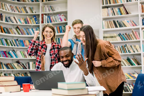 Preview: Cheerful Excited Young Multiethnical Friends Celebrating Successful Results Of Exams Or Ending