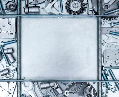 Preview: Metal Working Tools. Metal Style. Metal Frame And Many Working Tools On The Scratched Metal