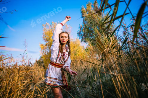 Preview: Young Girl On The Summer Field In National Belarus Clothes, Fashion.Noisy Image. Grain Texture Is