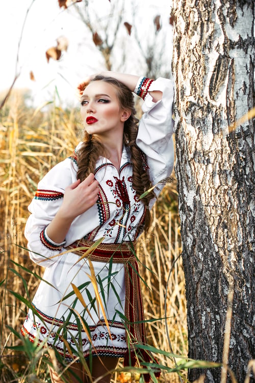 Preview: Young Girl On The Summer Field In National Belarus Clothes, Fashion.Noisy Image. Grain Texture Is