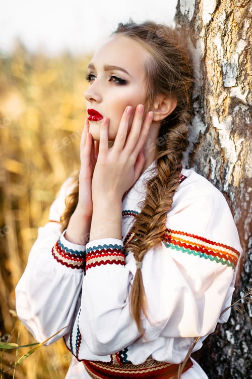 Preview: Young Girl On The Summer Field In National Belarus Clothes, Fashion.Noisy Image. Grain Texture Is