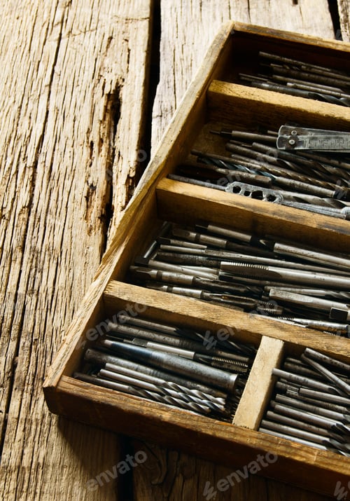 Preview: Working Tools. A Box With Drills On A Wooden Background.