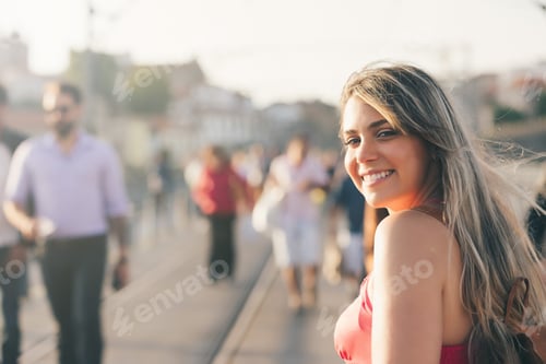 Preview: Young Woman Tourist Enjoying Beautiful Landscape View On The Old Town With River And Famous Iron