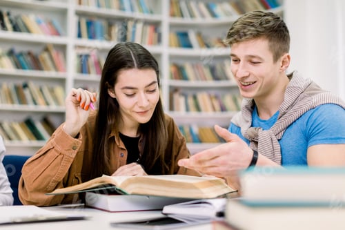 Preview: Students, Caucasian Handsome Boy And Pretty Girl, Sitting At A Table In A Library While Reading