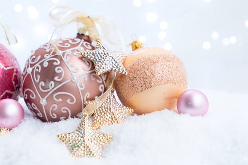 Preview: White Christmas With Snow - Pink And Golden Balls With Lights In Background. Happy Christas And