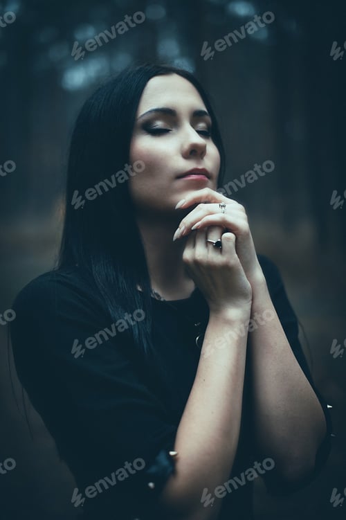 Preview: Portrait Of A Beautiful Mysterious Woman In The Forest. Cold Ton