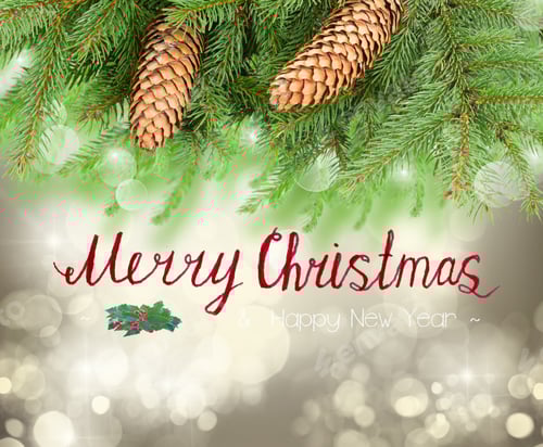 Visualização: Árvore de Natal e pinhas em fundo festivo cinza com brilhos e cumprimentos de feliz Natal