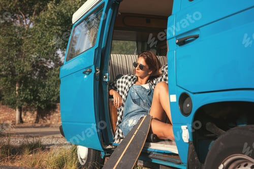 Preview: Summer Holidays, Road Trip, Travel And People Concept, Young Woman Resting In Minivan Car