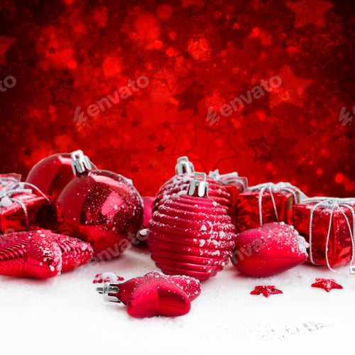 Preview: Red Christmas Balls On White Snow, Red Bokeh Background With Stars