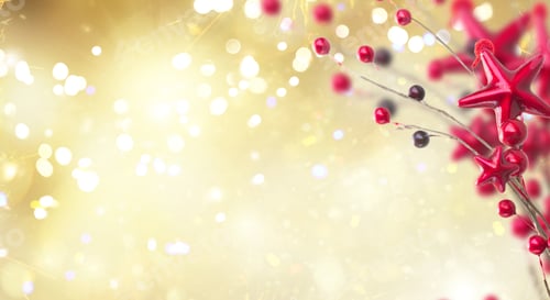 Preview: Branch Of Christmas Red Stars And Berries On Golden Bokeh Background