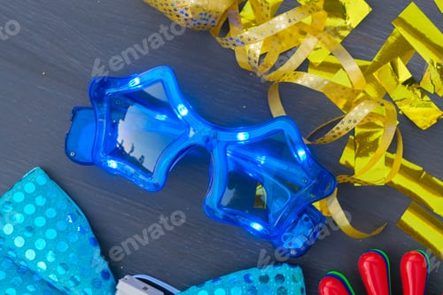 Preview: Masquerade Decorations, Accessories Close Up On Dark Wood Background