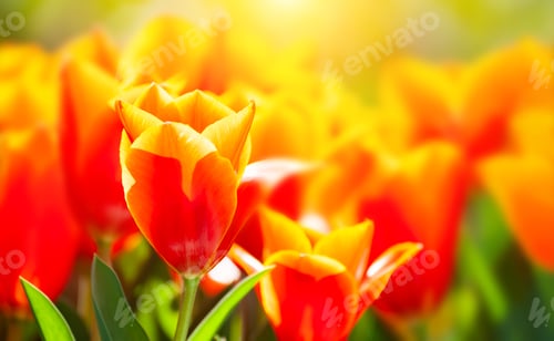 Preview: Red-Yellow Tulips In The Morning Sunlight. Blurred Spring Flowers Background