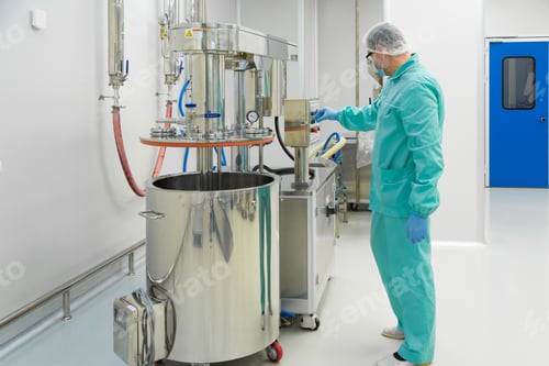 Preview: Pharmaceutical Factory Man Worker In Protective Clothing Working With Control Panel In Sterile