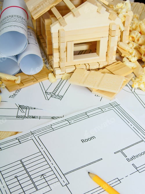 Preview: Construction House. Joiner'S Works. Drawings For Building, Small Wooden House And Working Tools On