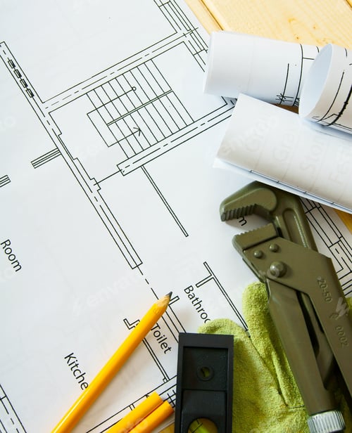 Preview: Planning Of Repair Of The House. House Construction. Drawings For Building, Wrench, Gloves And