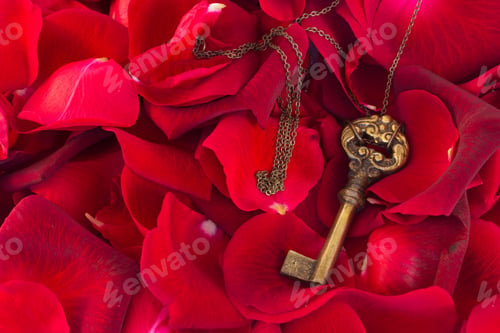 Preview: Key With Crimson Rose Petals As A Symbol Of Love