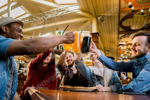 Preview: Five Friends Drinking Beer And Juice, Eating Pizza At Cafe, Diverse People Laughing Tell Jokes
